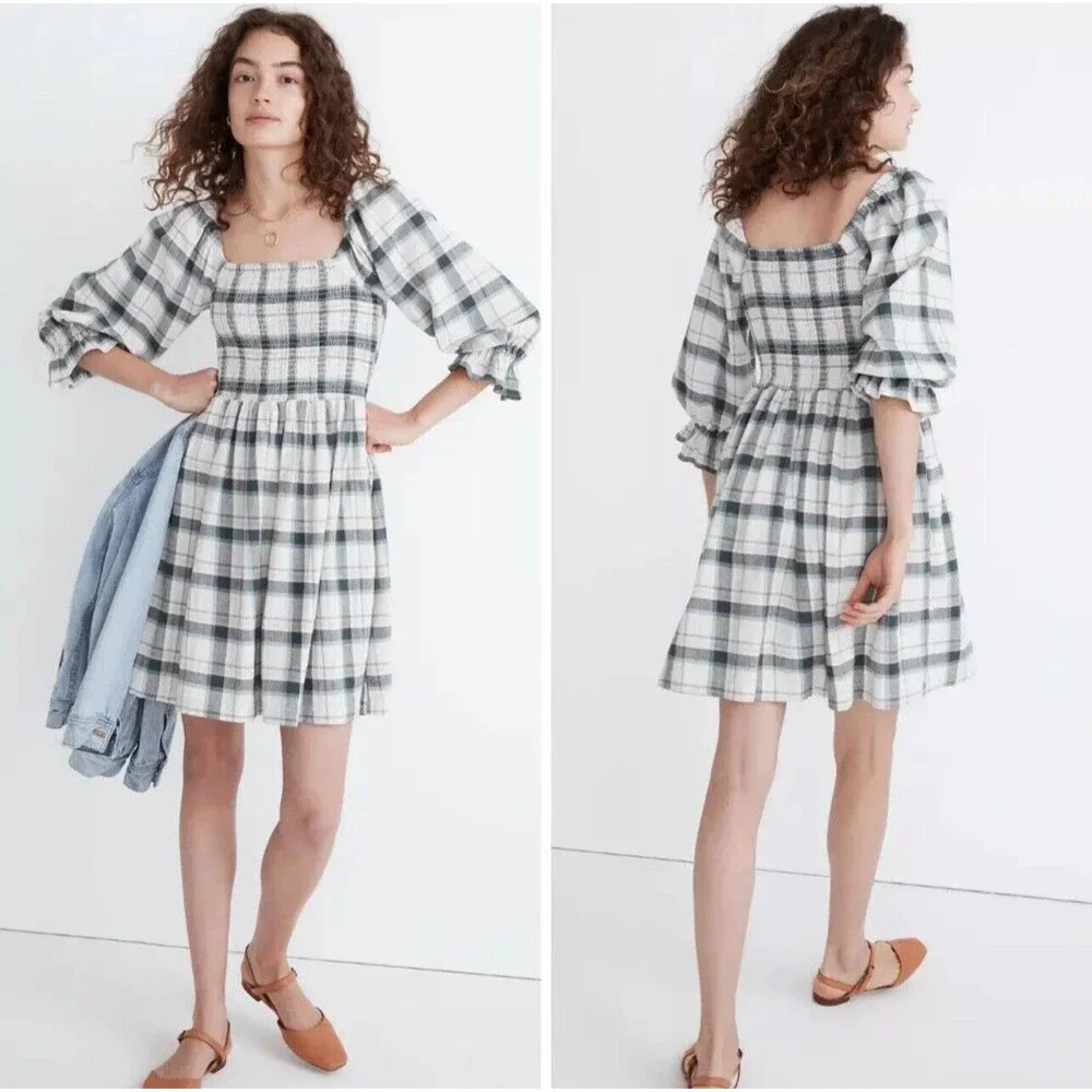 Madewell Size Small Lucie Elbow Sleeve Smocked Mini Dress Lebaum‎ Plaid Cotton